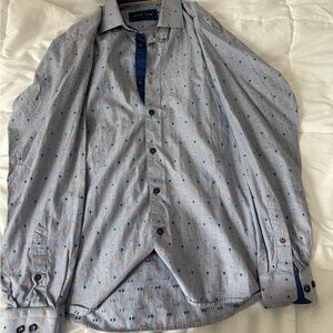jared lang gray button down with multi color rectangle print